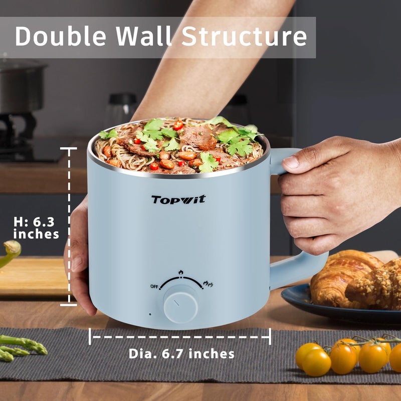 TopWit Hot Pot Electric with Steamer, 1.6L Ramen Cooker, Electric Pot for Pasta, Shabu-Shabu, Oatmeal, Soup and Egg, Portable Cooker with Dual Power Control, Dorm Room Essentials, Blue - Image 4